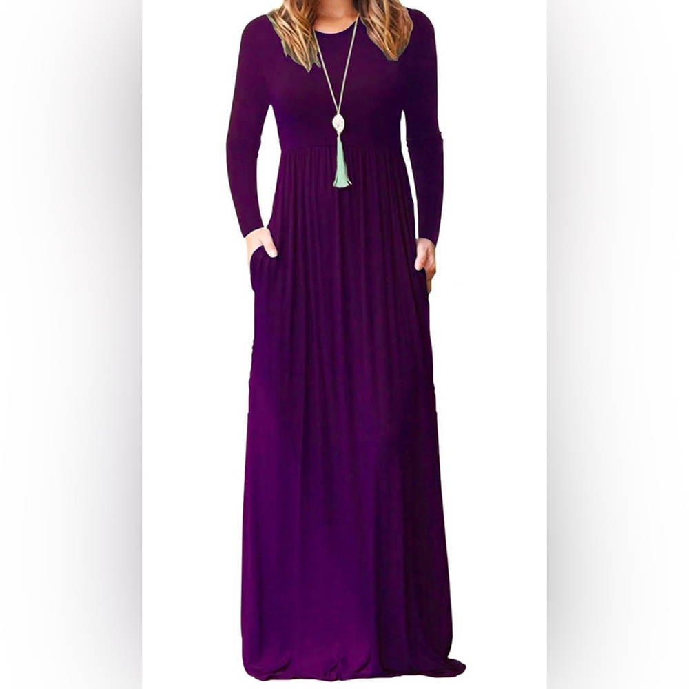 AUSELILY Women's Long Sleeve Maxi Dress Loose Casual Eggplant Purple NWOT